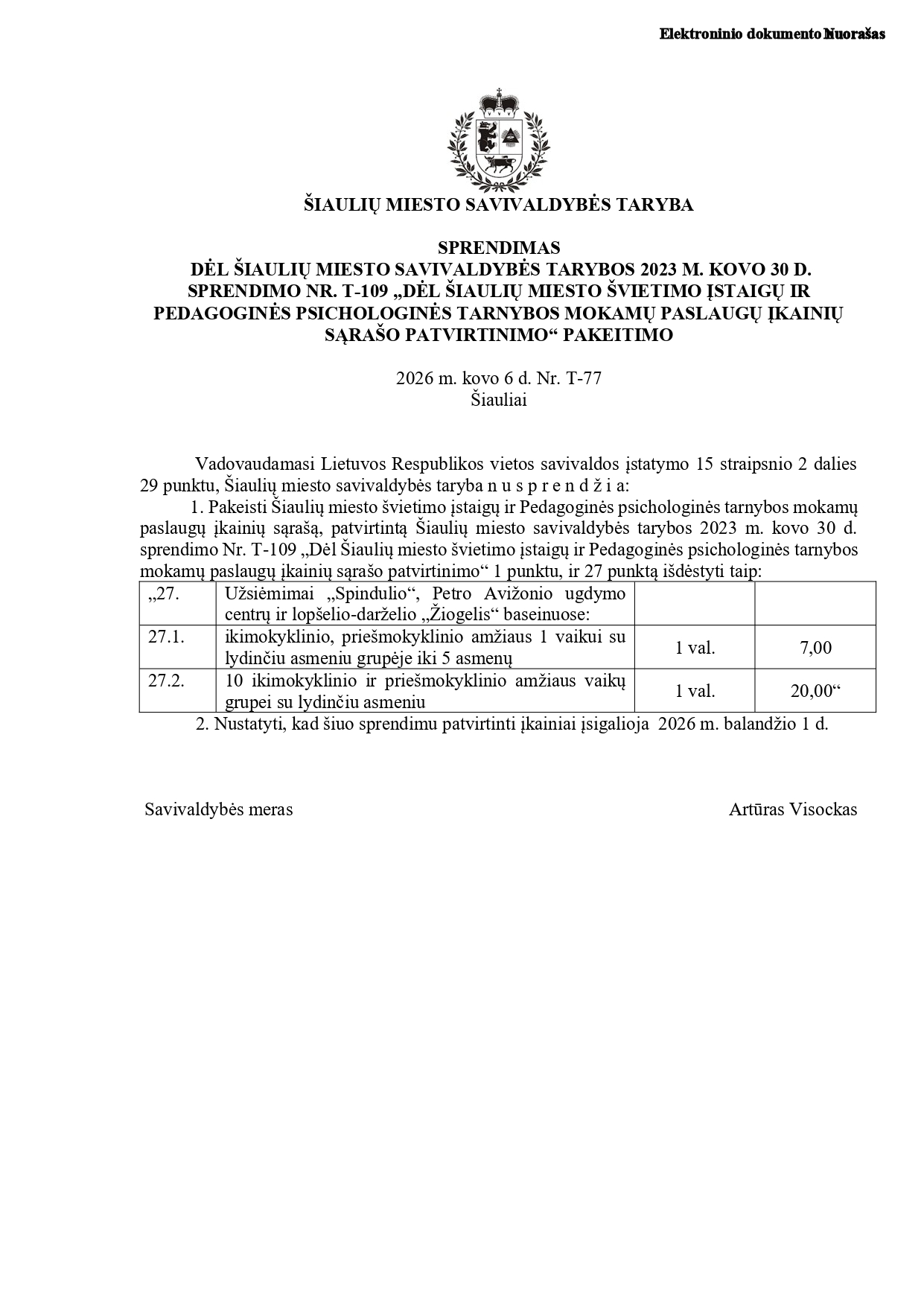 Sprendimas dėl baseino paslaugų įkainių